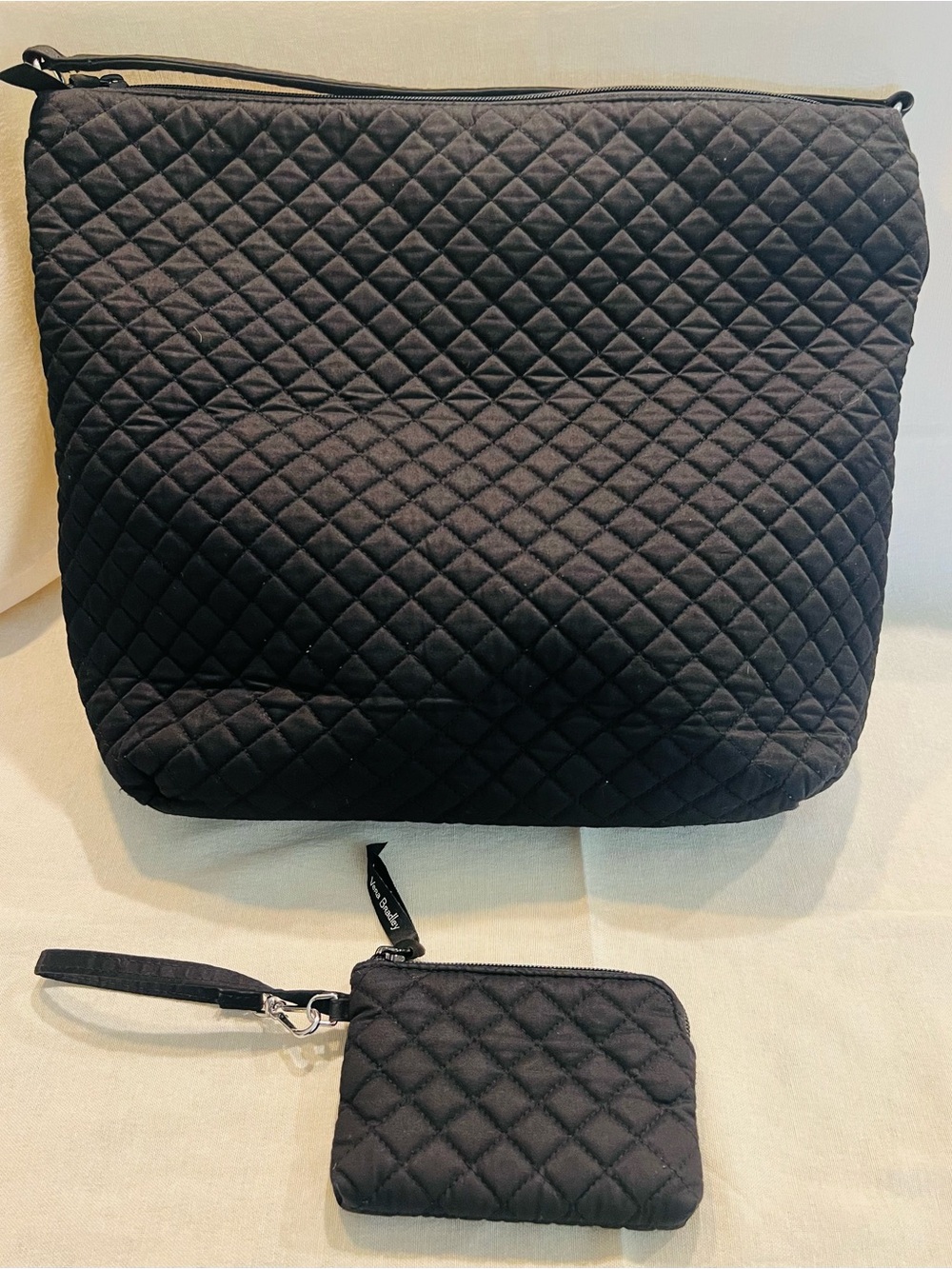Vera Bradley Black Cotton Quilted Oversized Hobo Shoulder Bag and Wristlet Set